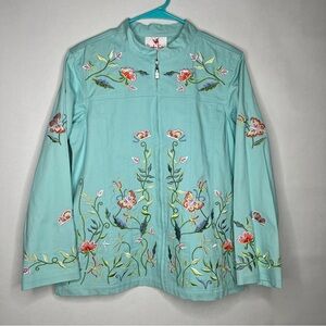 Quacker Factory Aqua Blue‎ Floral Butterfly Embroidered Jacket Women’s Medium M